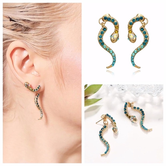 Rhinestone Snake Ear Jacket Gold Serpent Earrings - Picture 9 of 9